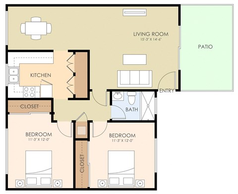 Floor plan for 2 beds, 1 bath, 850 sqft